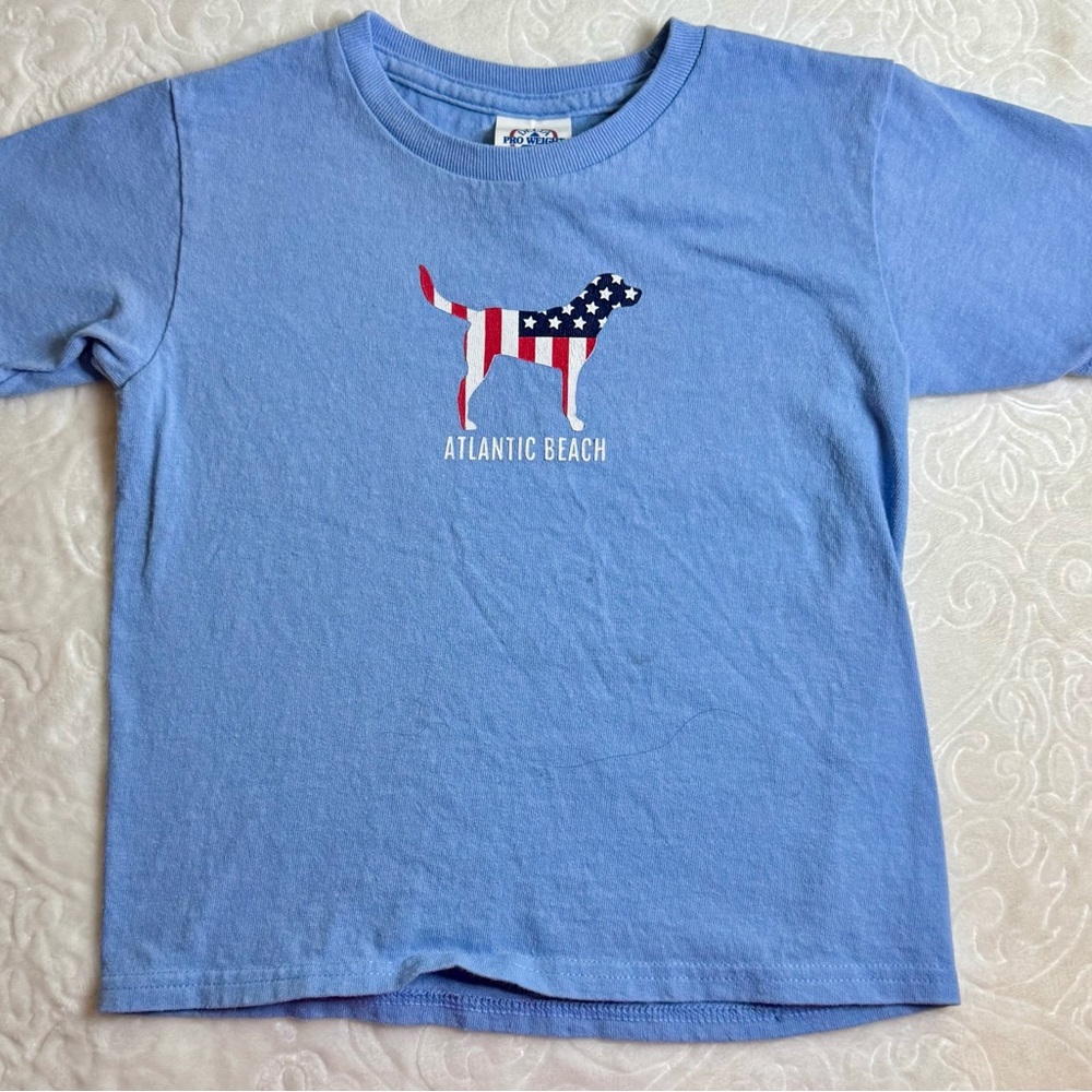 Atlantic Beach Blue Short Sleeve Tee with Adorable dog with Patriotic Graphic